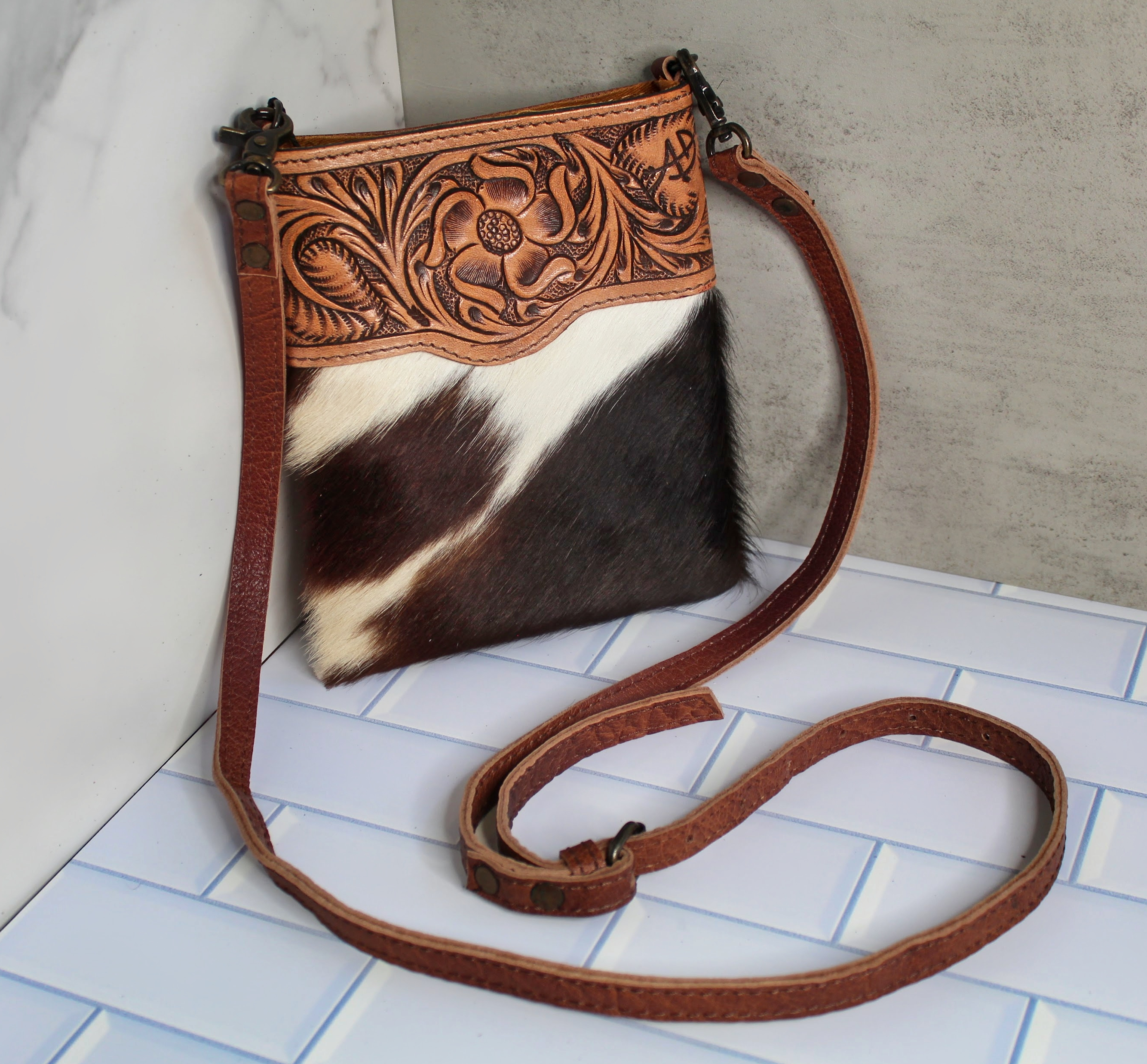 Cowhide Crossbody Purse Shoulder Bag Western Tooled Leather