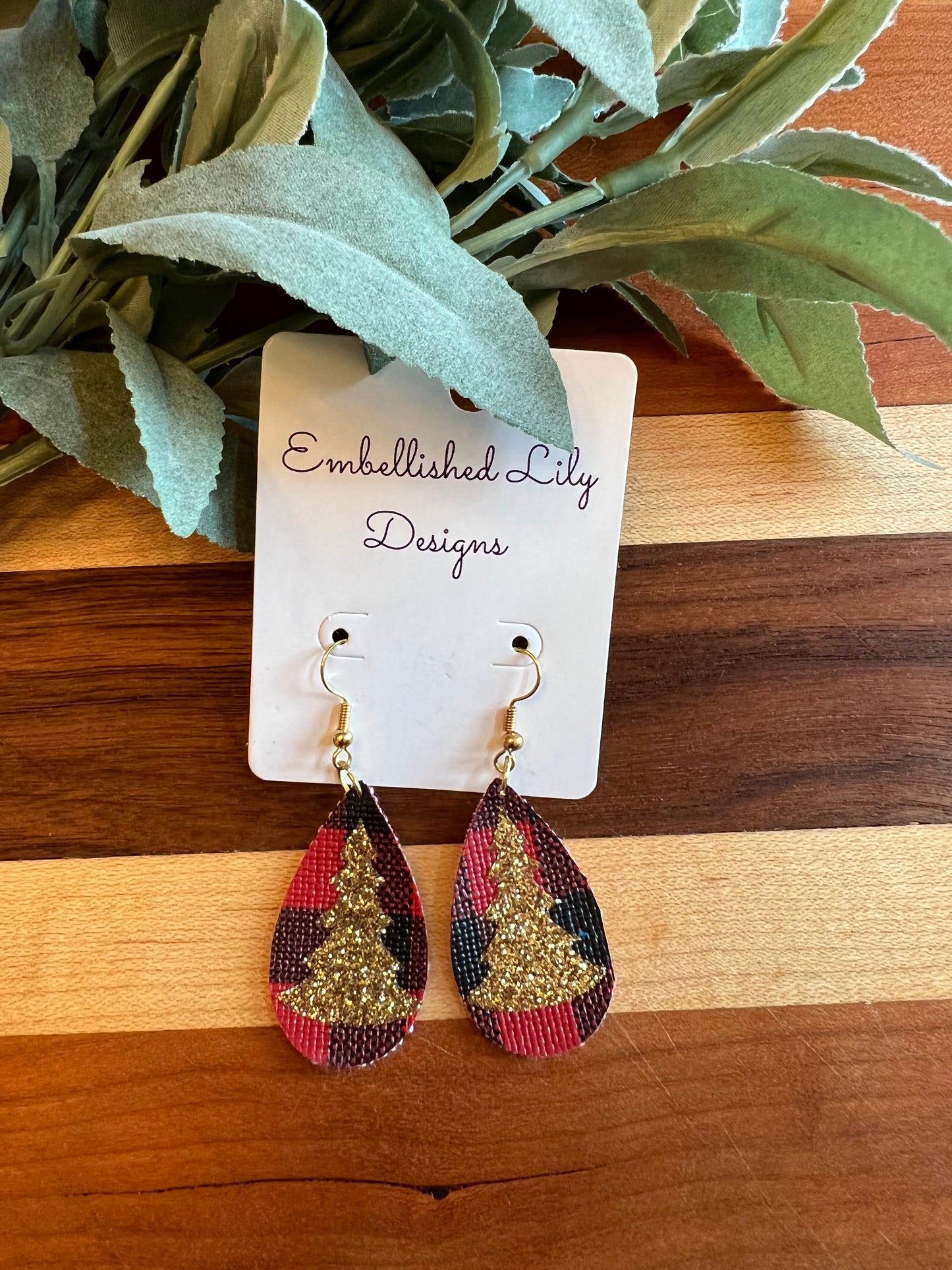Red Buffalo Plaid Christmas Tree Earrings