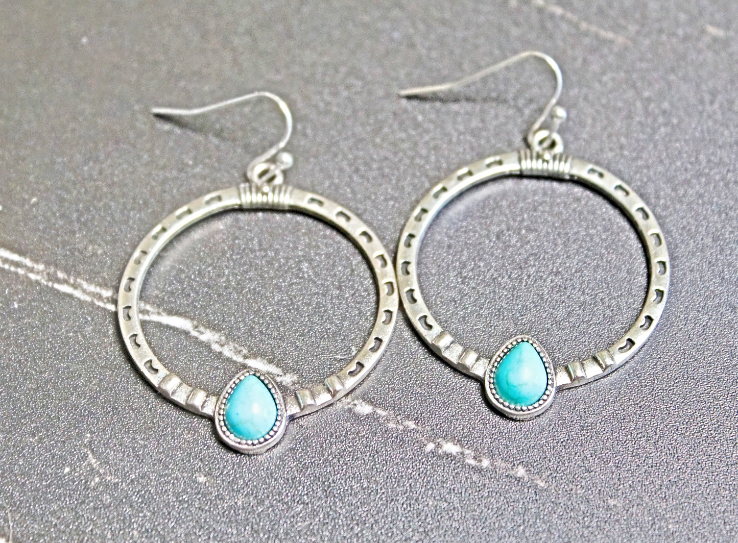Silvertone Hoop Earrings with Turquoise Stones and Diamond Detailing