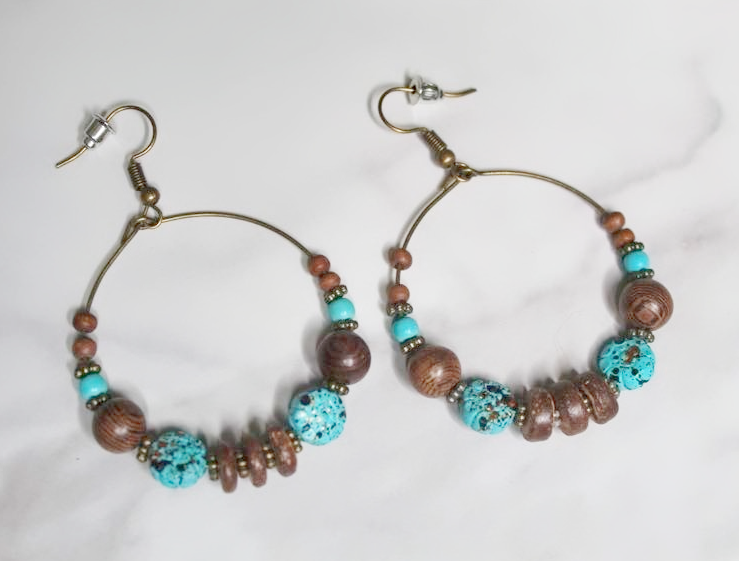 Turquoise and brown beaded hoop earrings