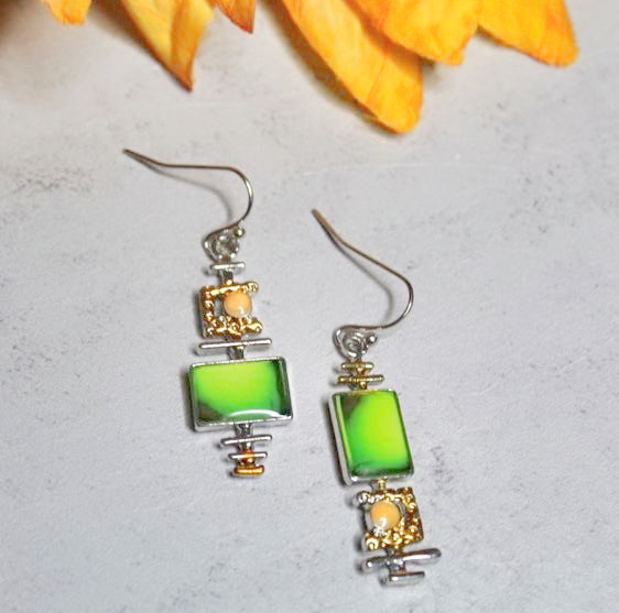 Green stones earrings with silver and gold accents