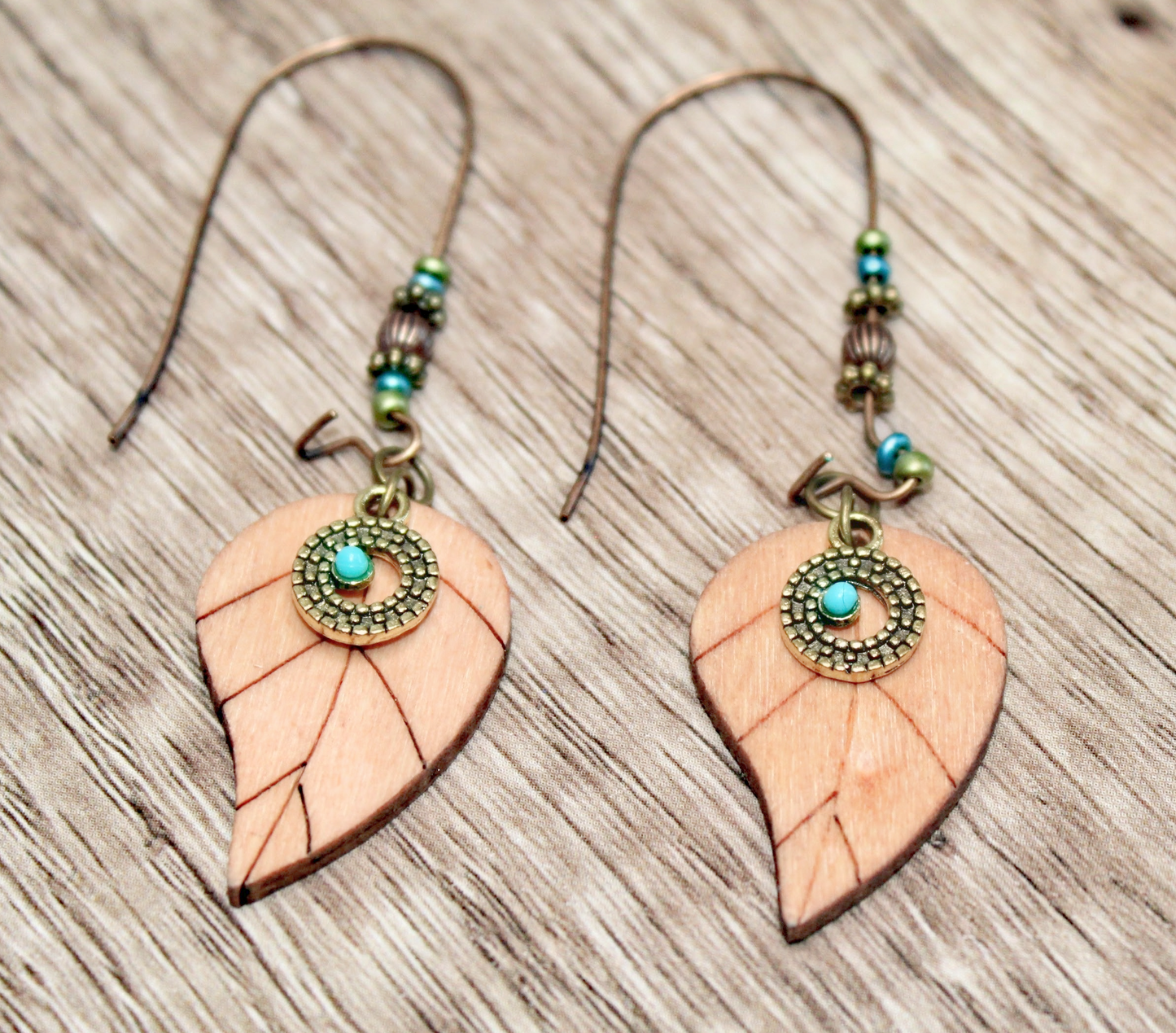 Wooden Leaf Shaped With Bead Earrings