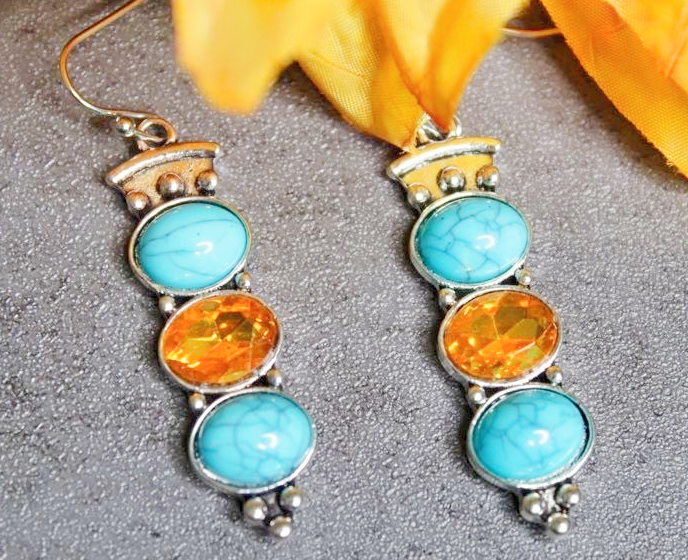 Silver tone Turquoise and Amber long earrings