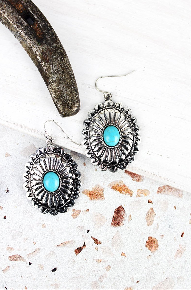 TURQUOISE AND SILVERTONE ZORA CONCHO EARRINGS