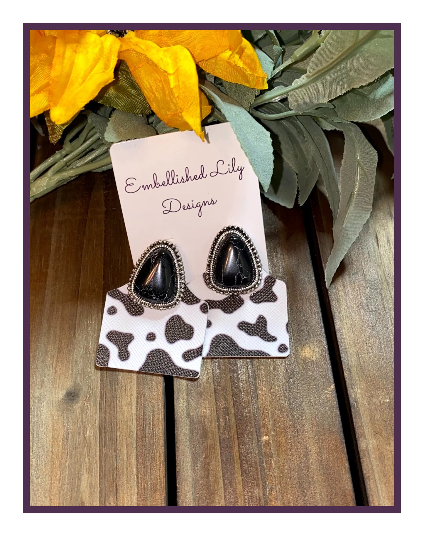 Cow Tag with Stone Accent Earrings