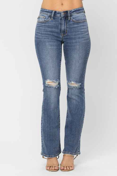 Judy Blue Distressed Mid-Rise Bootcut Medium Wash Jeans