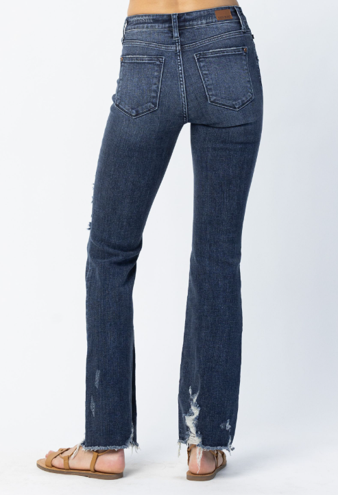 Judy Blue Mid Rise Distressed Dark Wash Slim Bootcut Jean