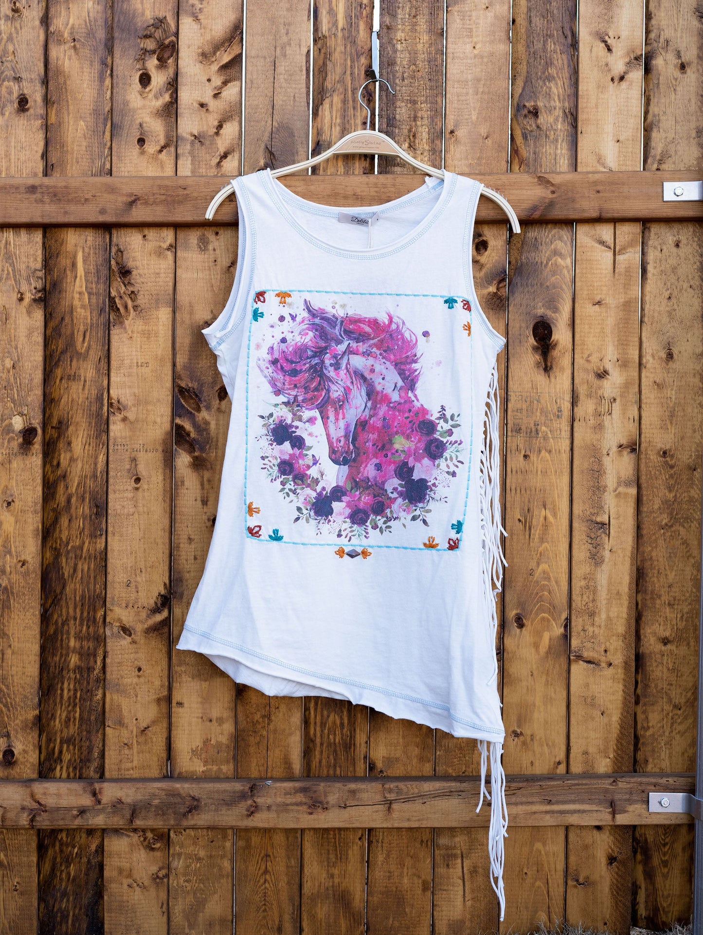 Hand Stitching Floral Horse Graphic Tassel Sleeveless Top