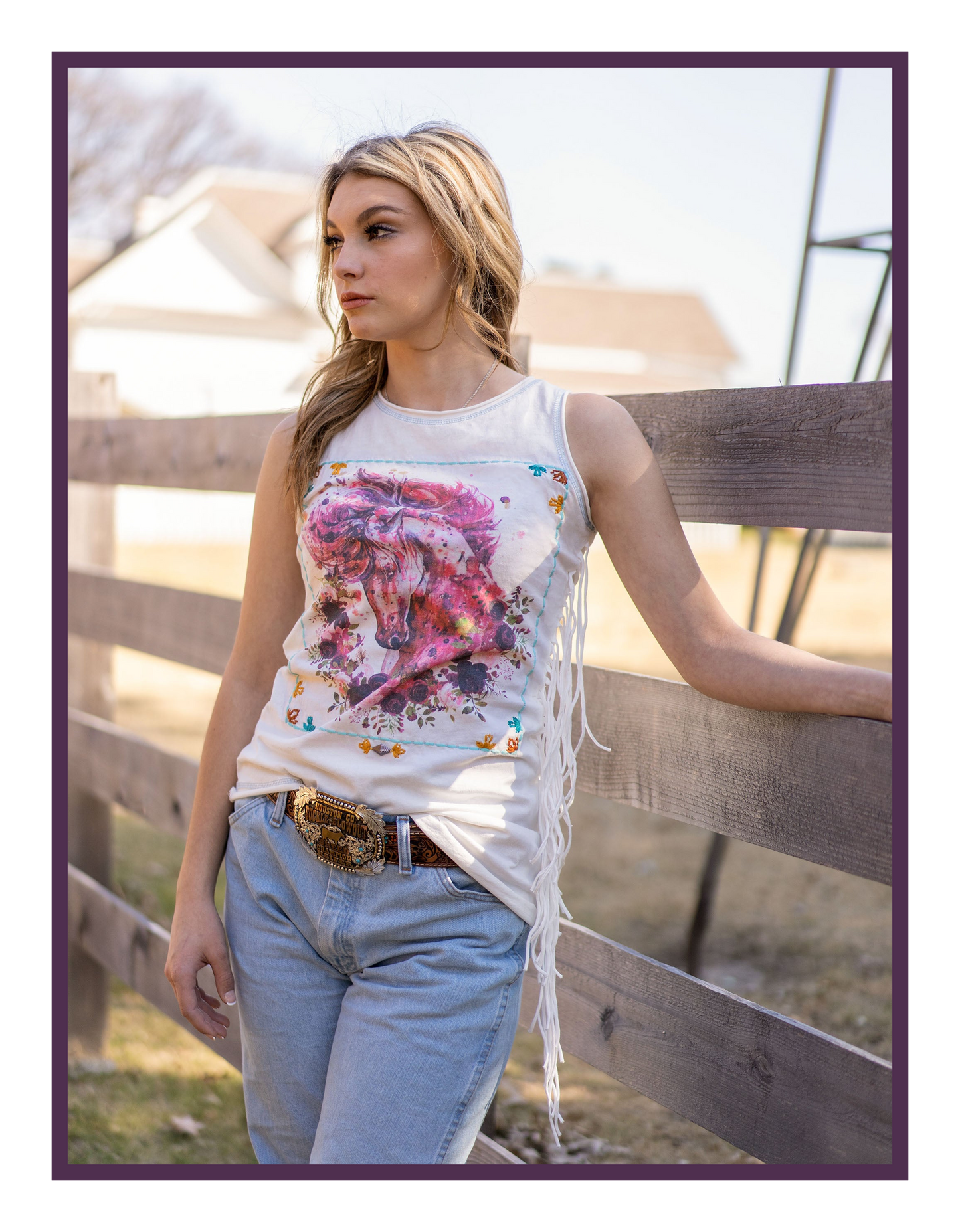 Hand Stitching Floral Horse Graphic Tassel Sleeveless Top
