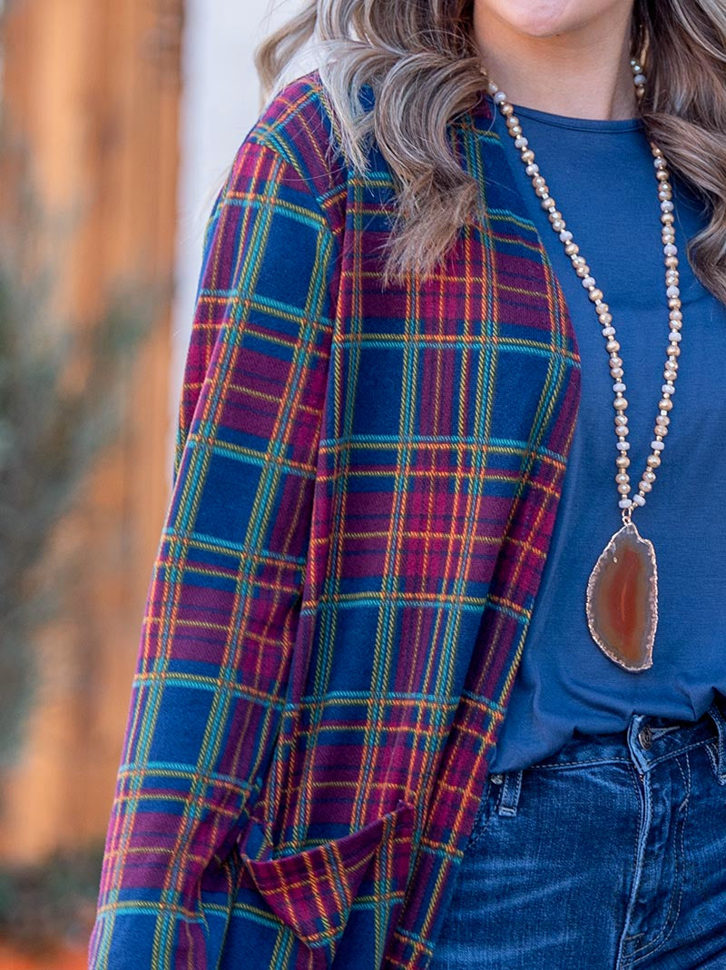 Maroon & Navy Plaid Cardigan with Pockets