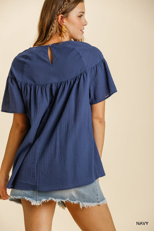 Floral Embroidered Lace Detail Short Sleeve Top