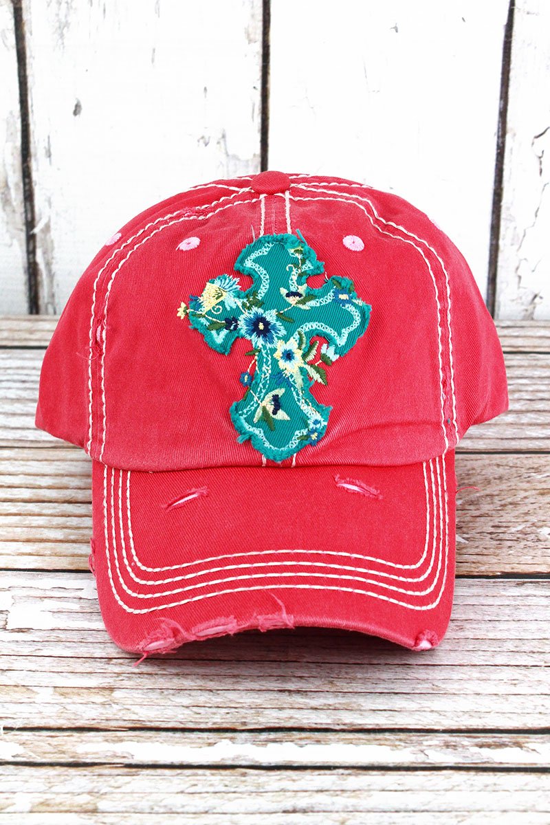 Distressed Floral Cross Hat
