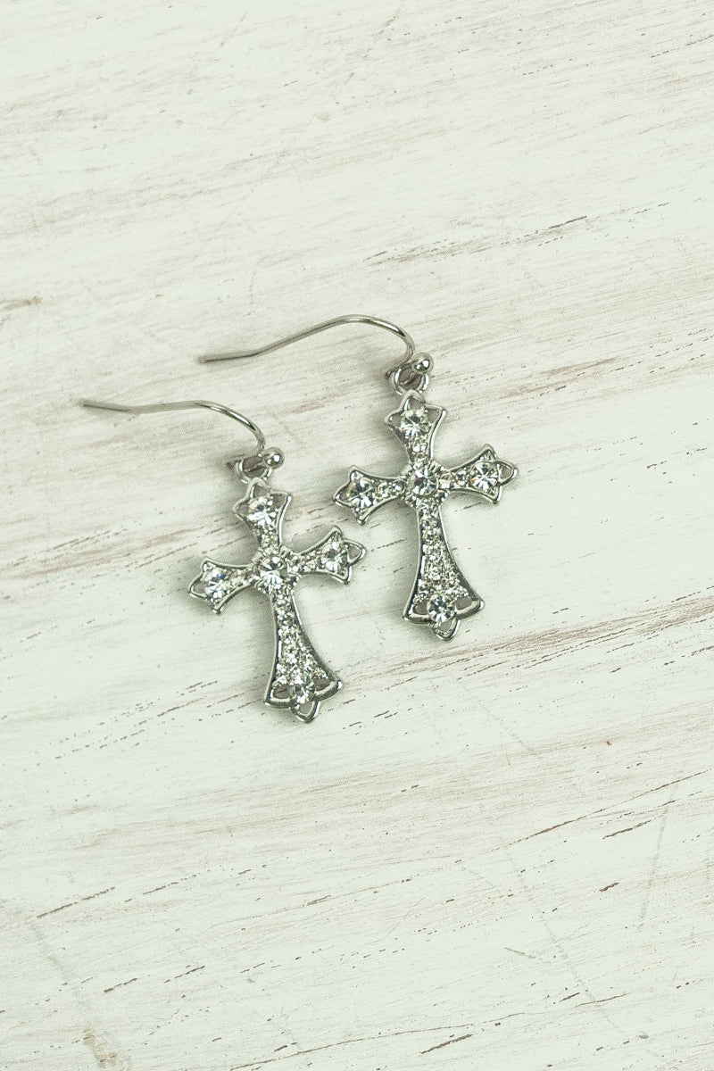 Lily Crystal Silvertone Cross Earrings