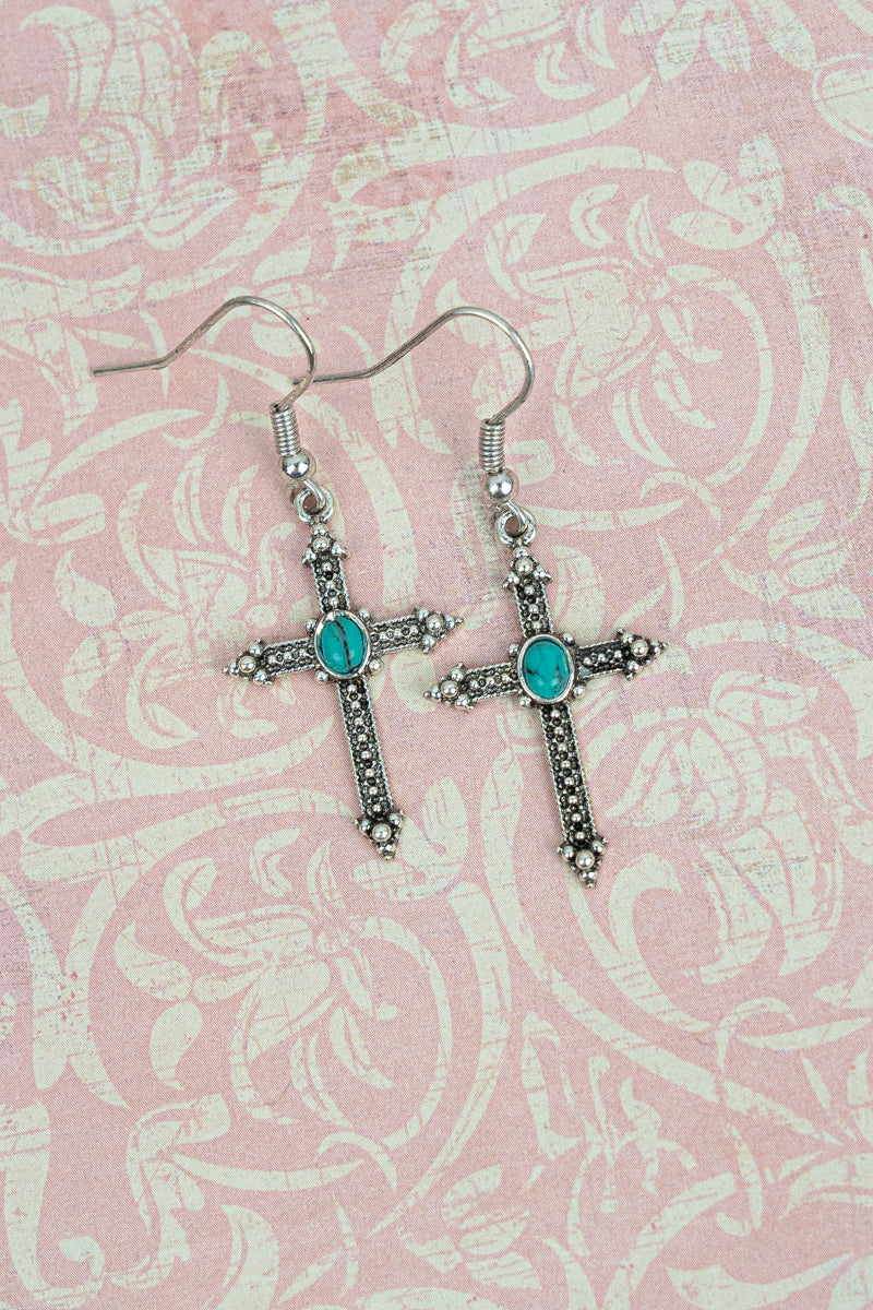 Maddock Turquoise Silvertone Cross Earrings