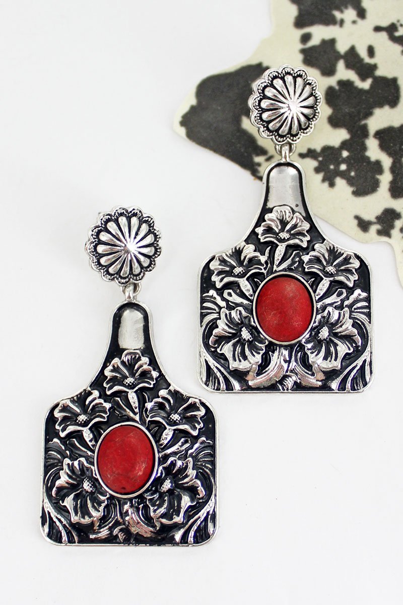 Red and Silvertone Fleur Cattle Tag Earrings