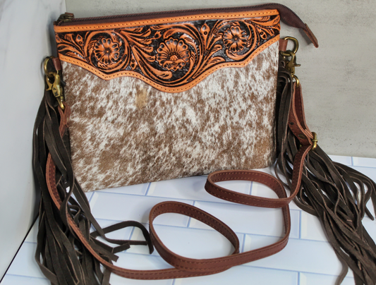 American Darling Cowhide and Tooled Leather Crossbody with Fringe