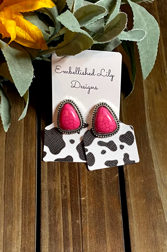 Cow Tag with Stone Accent Earrings