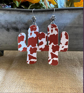 Brown and White Cow Print Cactus Earrings