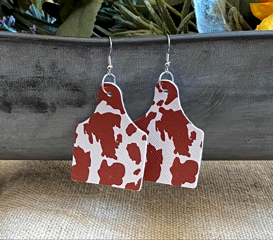 Brown and White Faux Leather Cow Print Earrings