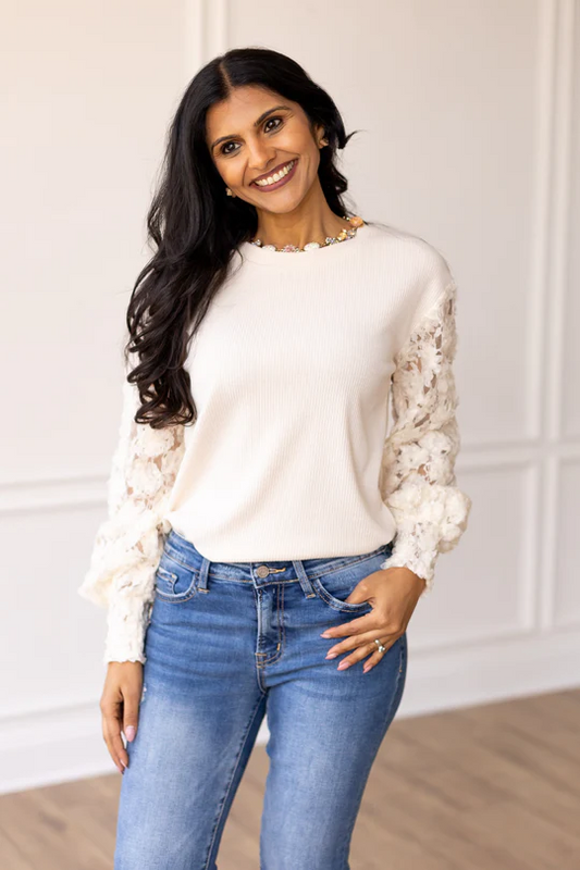 Miss Perfect Cream Floral Mesh Long Sleeve