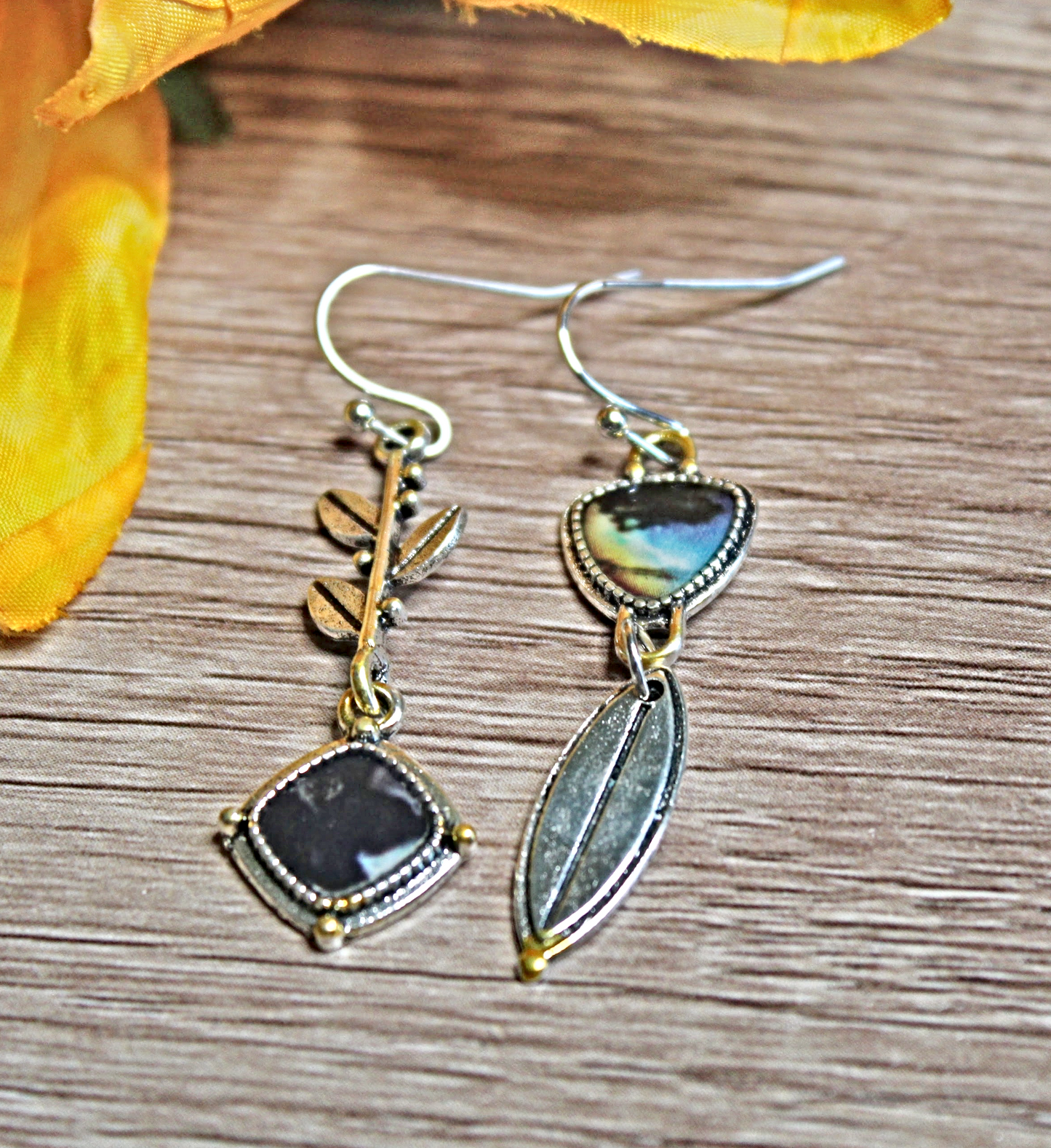 Black and Green Stone Earrings with Feather Accents