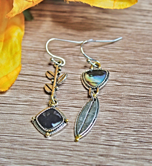 Black and Green Stone Earrings with Feather Accents