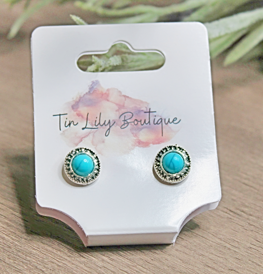 Small Silvertone and Turquoise Stud Earrings