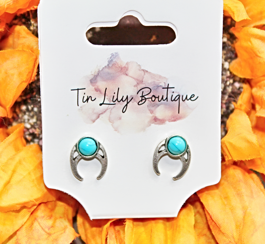 Silvertone and Turquoise Squash Blossom Earrings