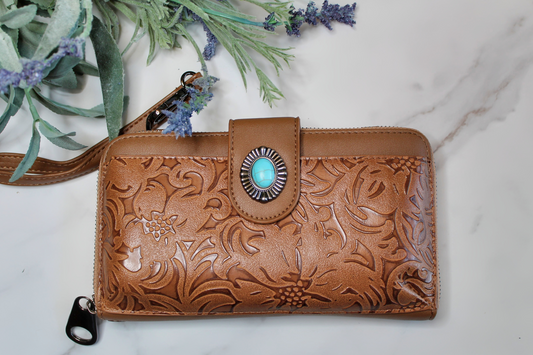 Tooled Brown Faux Leather Crossbody Wallet