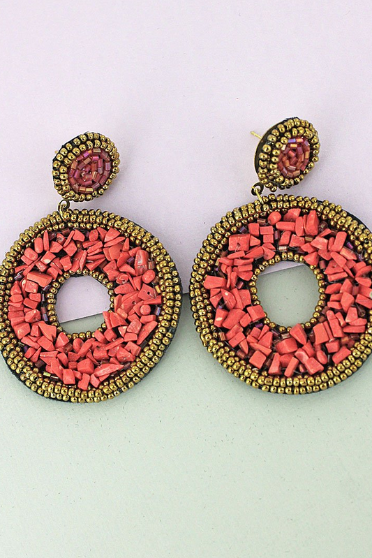 Coral Stone and Seed Bead Circle Earrings