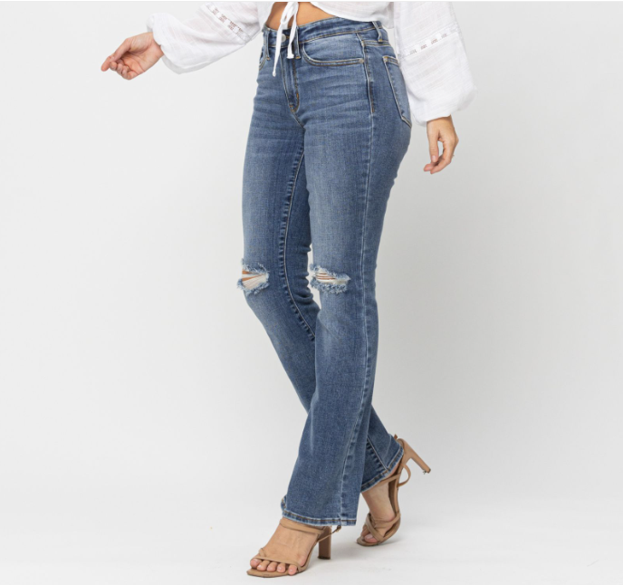 Judy Blue Distressed Mid-Rise Bootcut Medium Wash Jeans