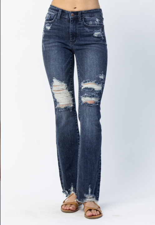 Judy Blue Mid Rise Distressed Dark Wash Slim Bootcut Jean