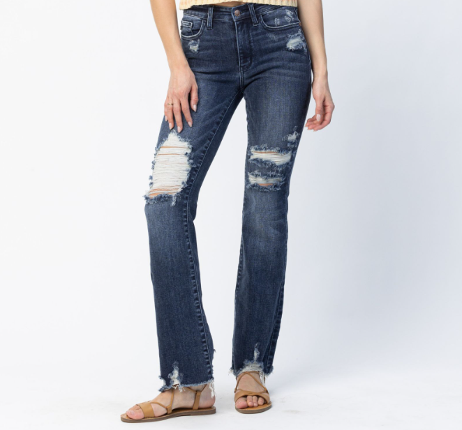 Judy Blue Mid Rise Distressed Dark Wash Slim Bootcut Jean