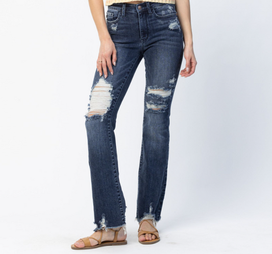 Judy Blue Mid Rise Distressed Dark Wash Slim Bootcut Jean