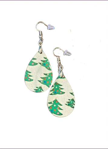 Vintage Style White with Green Christmas Tree Earrings