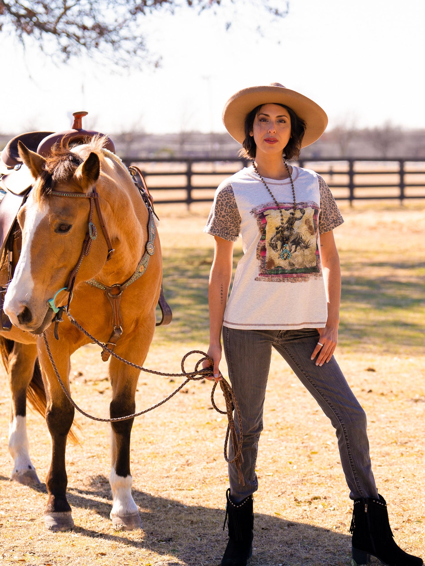 Rodeo Leopard Pieced Graphic Short Sleeve Top