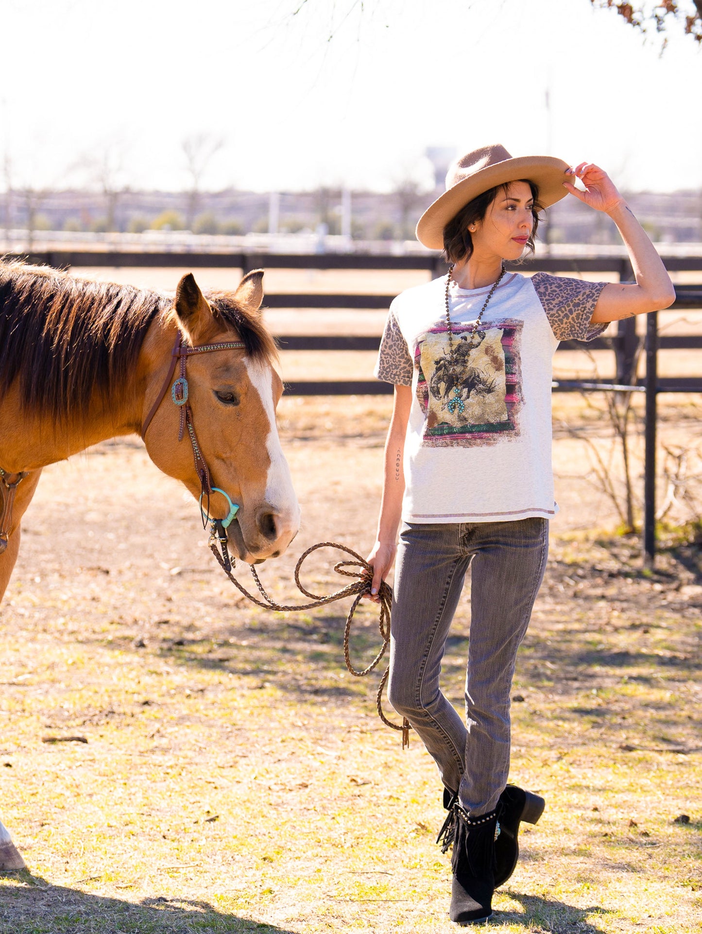 Rodeo Leopard Pieced Graphic Short Sleeve Top