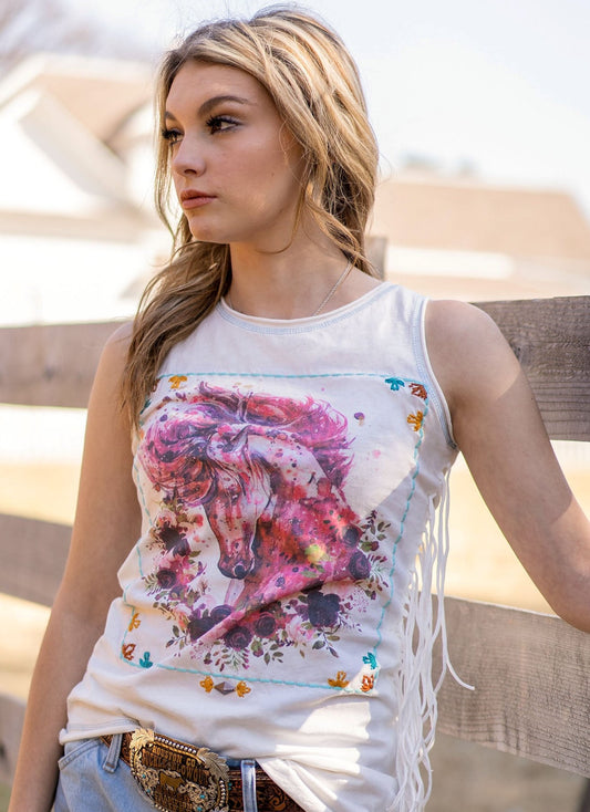 Hand Stitching Floral Horse Graphic Tassel Sleeveless Top