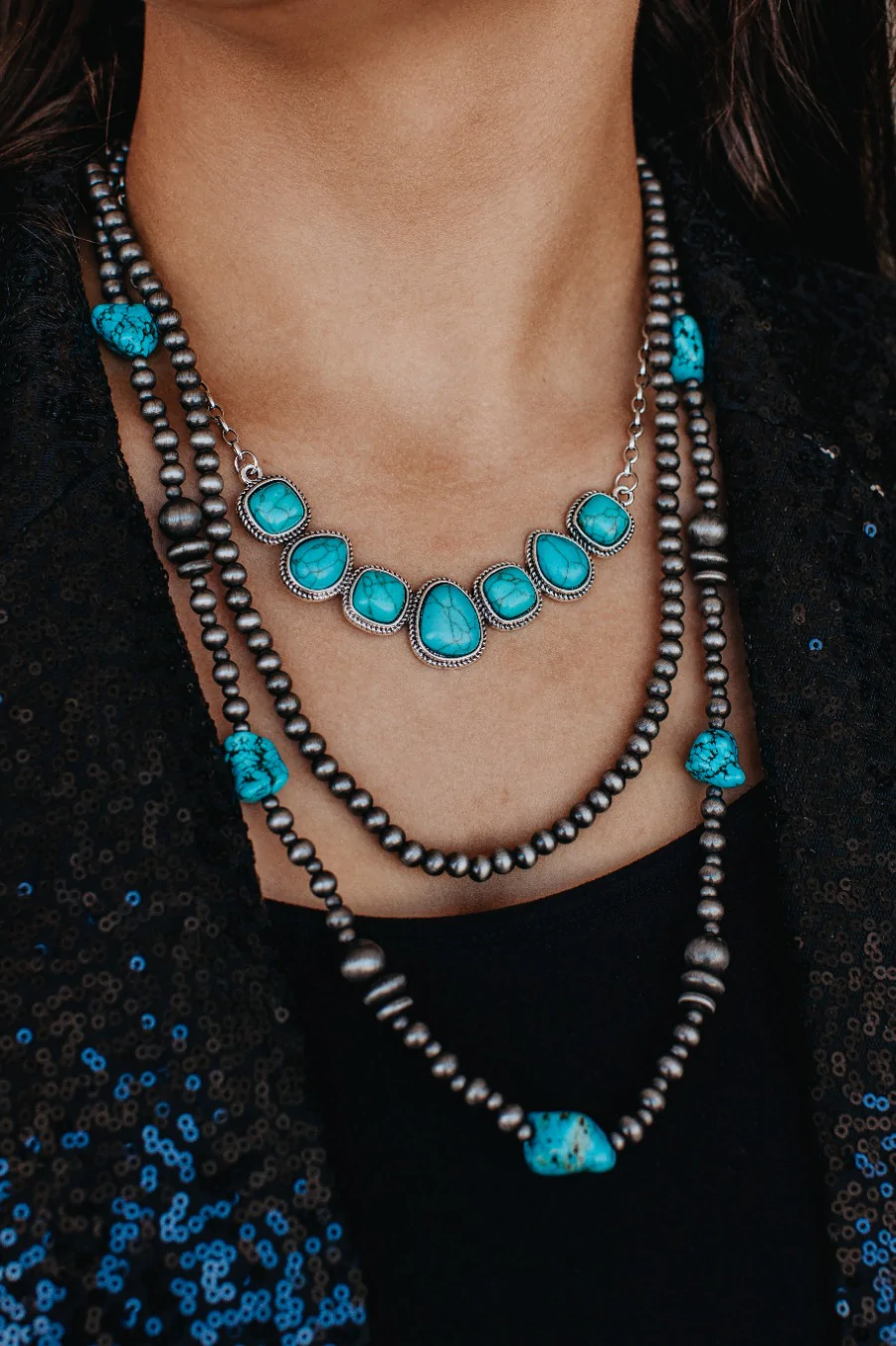 Blue Summer Skies Three Strand Turquoise Stone Silvertone Necklace