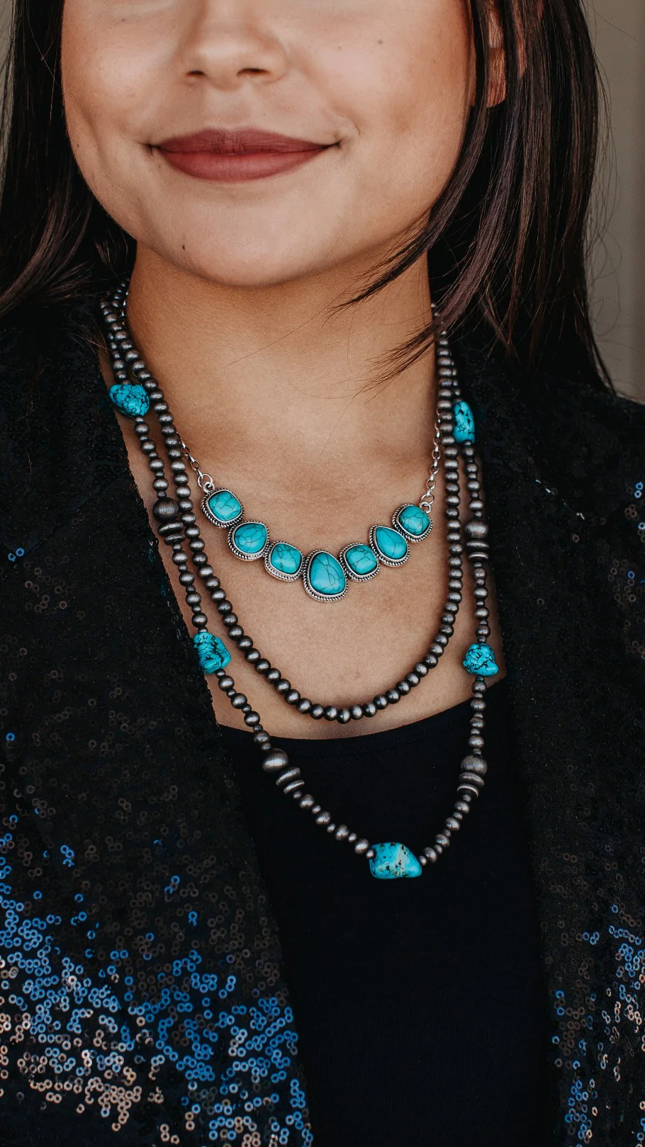 Blue Summer Skies Three Strand Turquoise Stone Silvertone Necklace