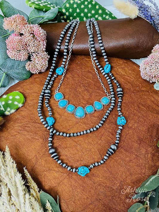 Blue Summer Skies Three Strand Turquoise Stone Silvertone Necklace