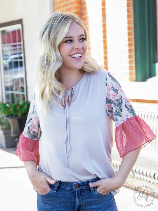 Desert City Blouse, With Blush and Cactus Ruffle Sleeve Top