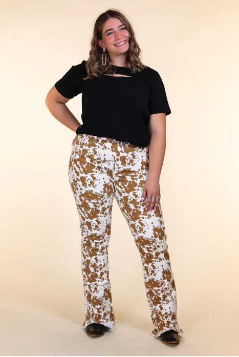 The Sadie Cow Print Flare with Fray Hem