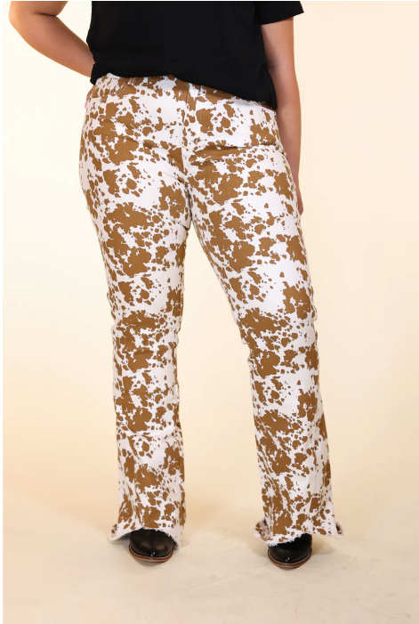 The Sadie Cow Print Flare with Fray Hem