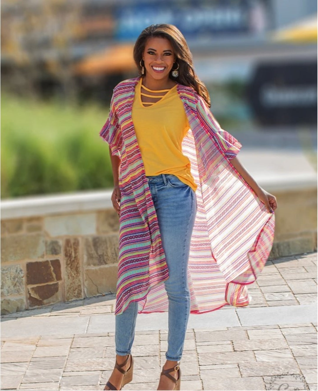 Neon Moon Duster with Ruffle Sleeve, Aztec