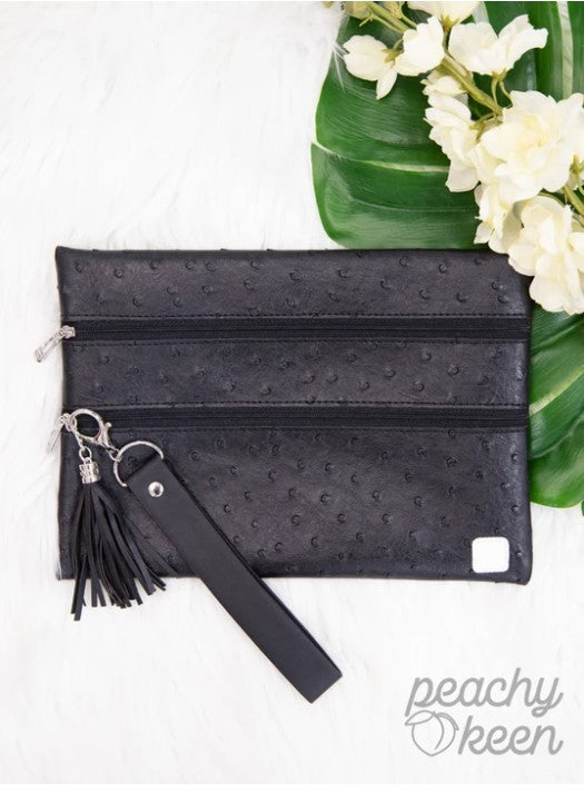 On The Go Black Textured Double Zipper Versi Bag