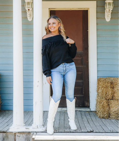 Total Frill Off The Shoulder Fringe Sweater in Black