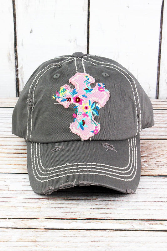 Distressed Floral Cross Hat