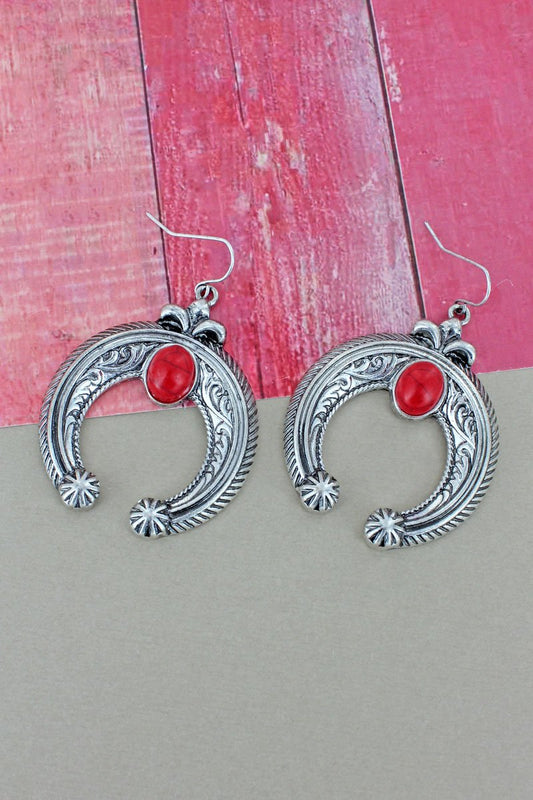 Silvertone with Red Stone Bead Naja Earrings