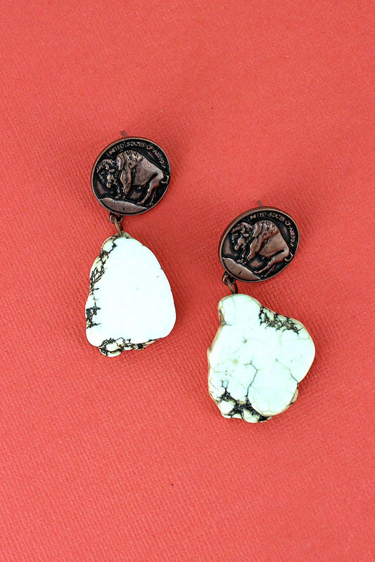 Coppertone Buffalo Coin and White Chunky Stone Earrings
